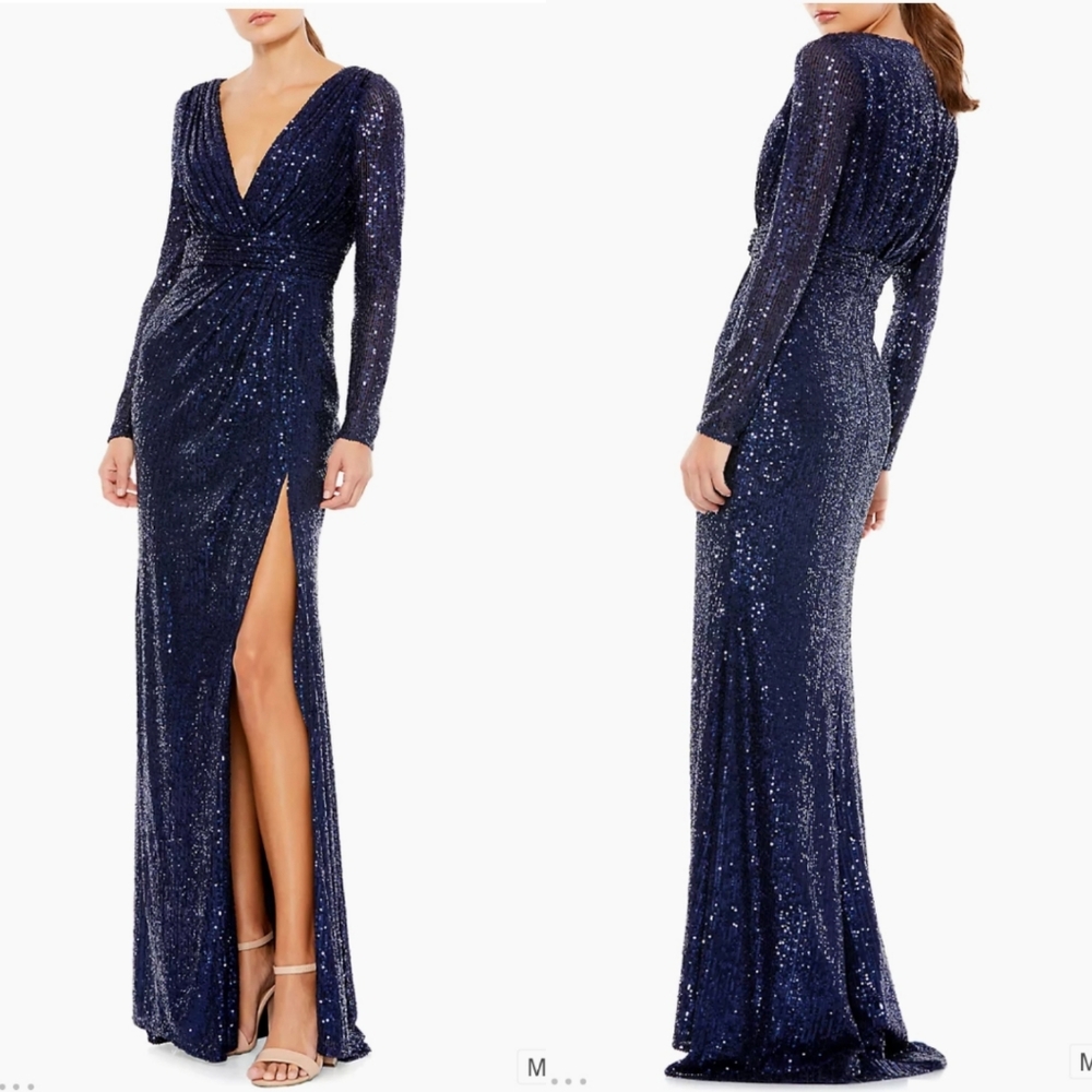 Mac Duggal | Navy Sequin Surplice Long Sleeve Gown NEW